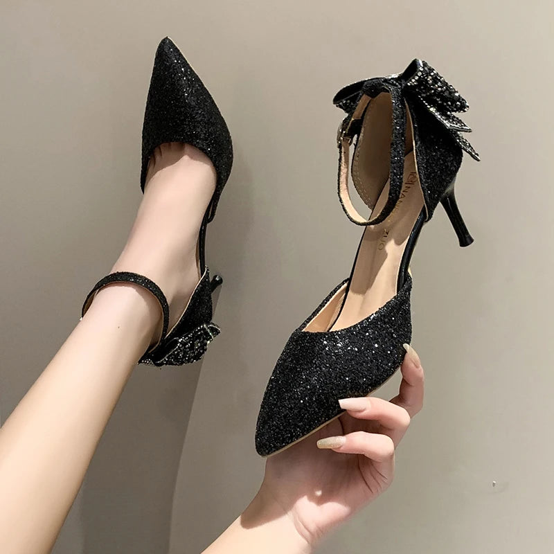 Ddbos Luxury Silver Sequin High Heels Wedding Shoes Women Autumn Crystal Bowtie Ankle Straps Bridal Shoes Woman Thin Heeled Pumps