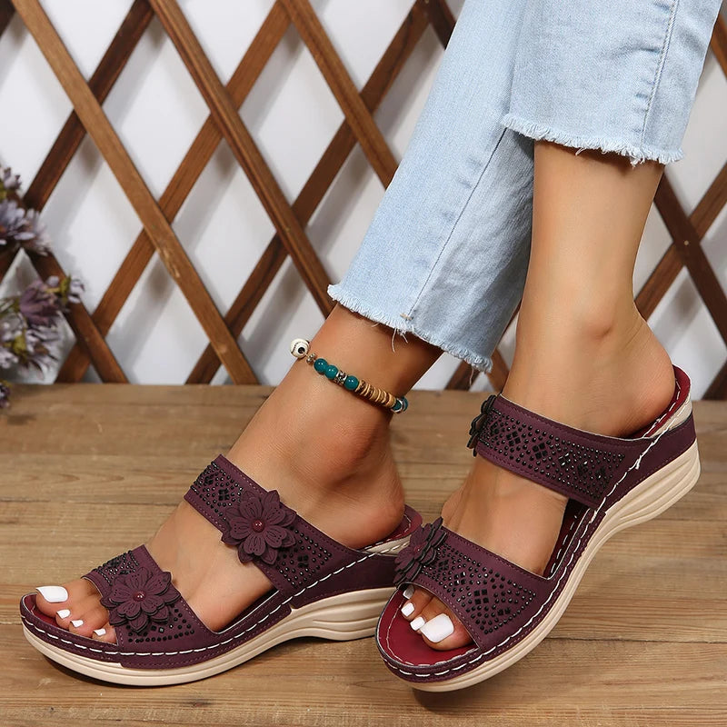 Ddbos Plus Size Women's Shoes Summer Retro Roman Sandals Women Pu Casual Flower Wedge Sandals Slippers Women Platform Slippers