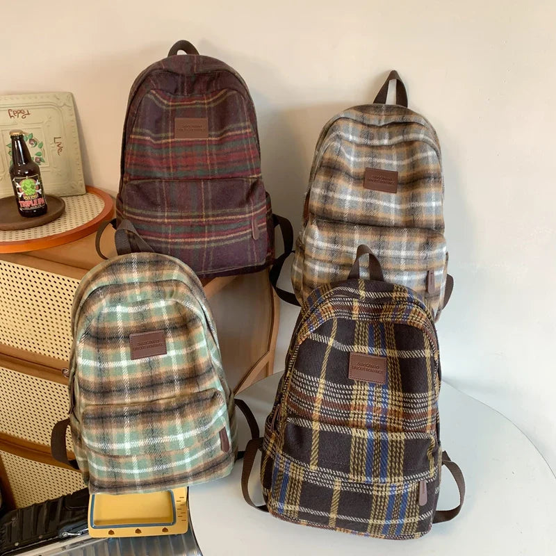 Ddbos BACK TO SCHOOL Vintage Plaid Woollen Cloth Women's Backpack Student Book Backpacks for Teenage Girls School Bags Large CapacityTravel Rucksack