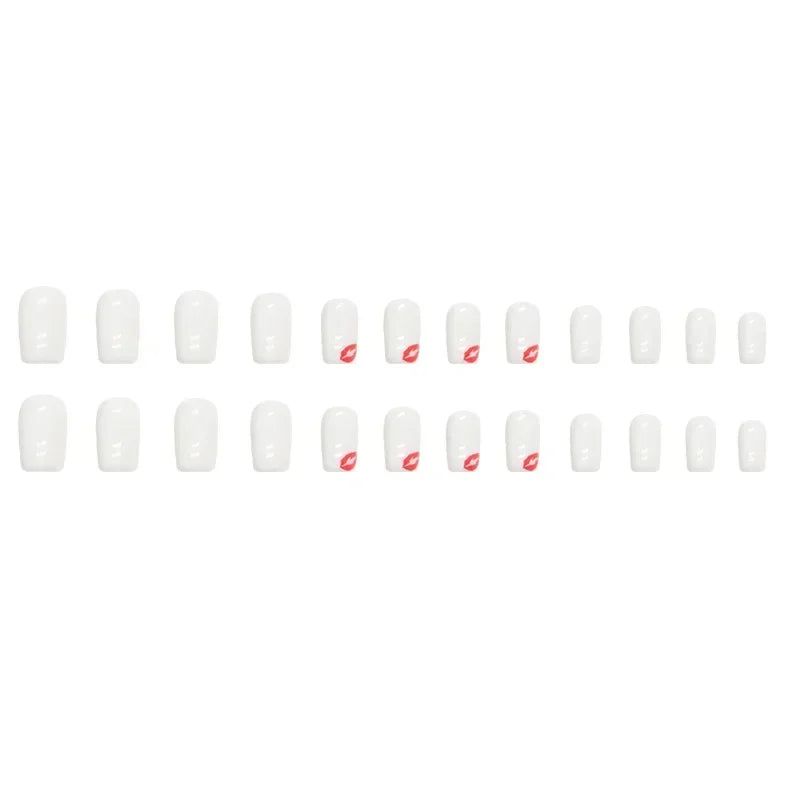 Hot Sexy Girl Simple Glossy Pure White Red Lip Long Coffin Fake Nail Tips Full Finished False Nail Press on Glue Manicure Woman
