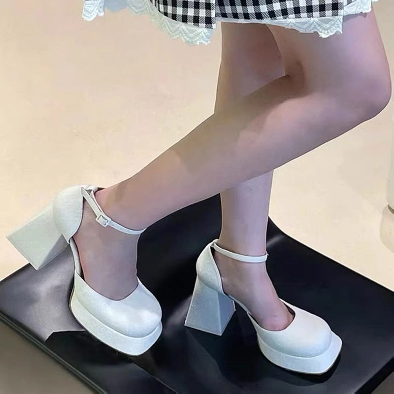 Ddbos Platform Pumps Women Thick Heels Mary Jean Shoes Woman Square Toe Ankle Strap High Heeled Sexy Ladies Lattice Shoes