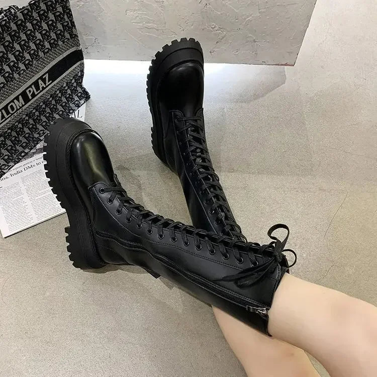 Ddbos Women Motorcycle Boots Wedges Flat Shoes Woman High Heel Platform PU Leather Boots Lace Up Women Shoes Black Boots