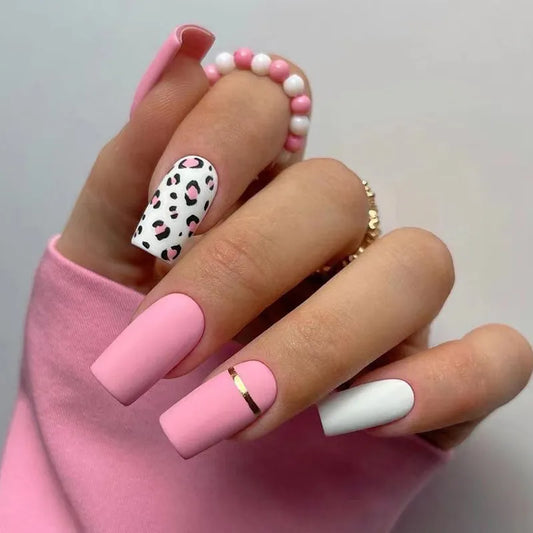 Leopard Print Pink Frosted Fashion Long Square Wearable Fake Nails Full Cover Finished False Nails Press on Nails with Glue