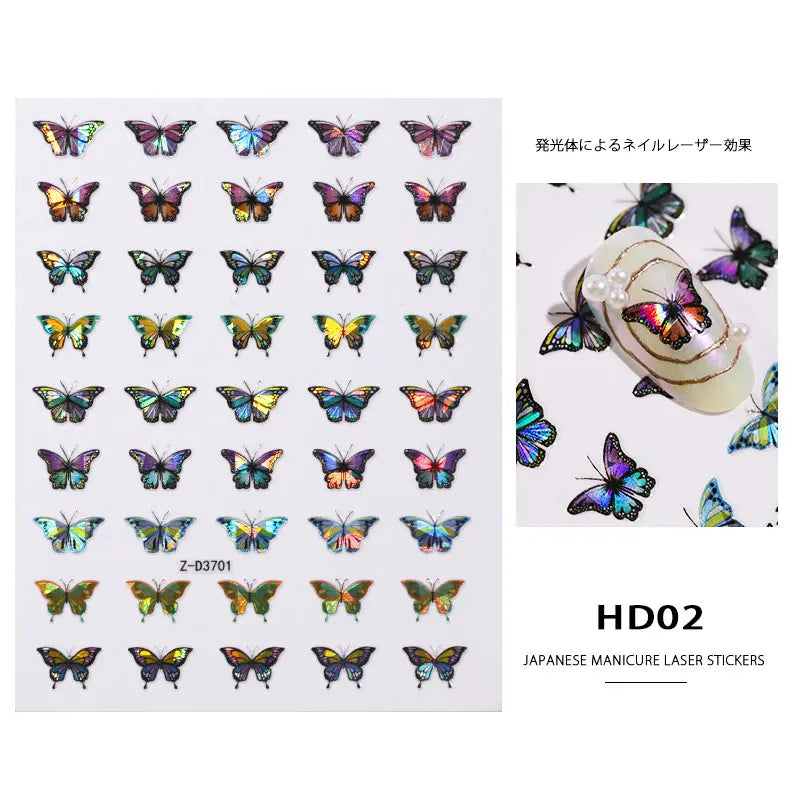 1Sheet Laser Color Butterfly Nail Art Stickers Holographic 3D Gradient Butterflies Adhesive Nail Decals DIY Manicure Decorations