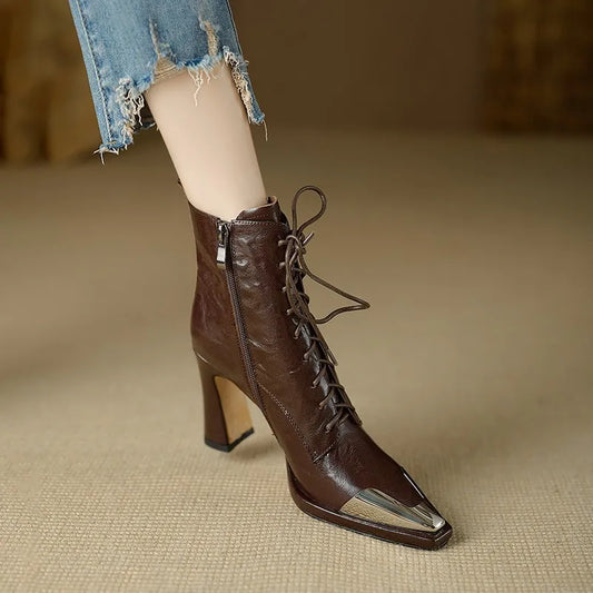 Ddbos 2024 Autumn Women Boots Square Toe High Heel Women Leather Shoes Women Suede Ankle Boots Winter Solid Elegant Modern Boots