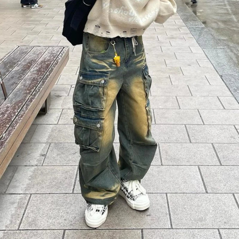 Ddbos Y2k Hip Hop Retro Streetwear Mens Jeans Distressed Faded Washed Oversized Pockets Loose Cargo Pants High Street Wide Leg Pants