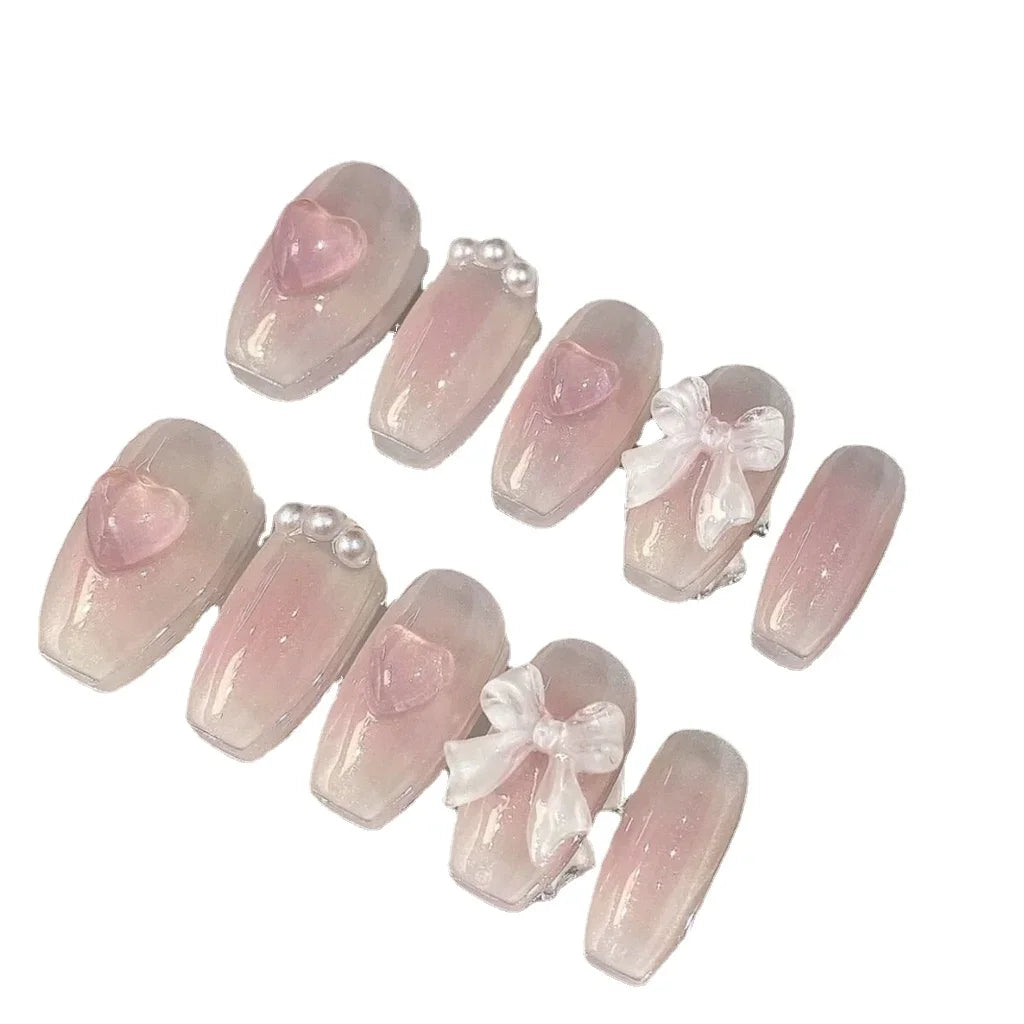 Cute Pink Sweet Princess Removable Handmade Wear Nail Art Y2K Vitality Girl Short Fake Nails Blush Bow Nail Patch