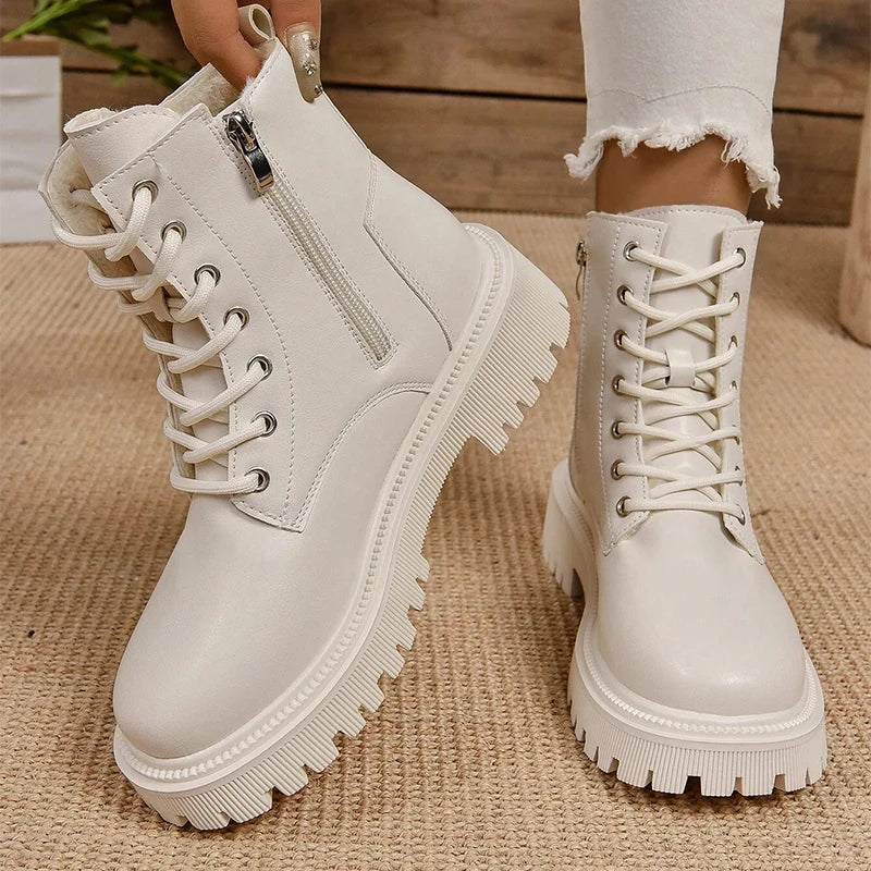 Ddbos Thick Warm Long Plush Ankle Boots for Women Winter Lace Up Pu Leather Motorcycle Boots Woman Plus Size Short Booties Shoes