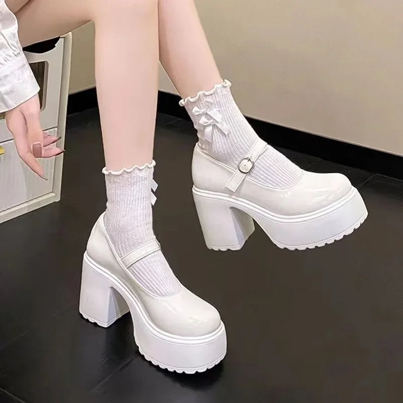 Ddbos Shoes Female Mary Janes Women's High Heels Platform Dress Pump Women Shallow Buckle Strap Round Toe Chunky Heel Shoes Women