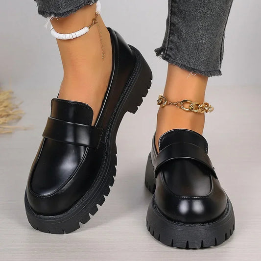 British Style Platform Loafers Women 2024 Plus Size Round Toe Single Shoes Woman Thick Bottom Pu Leather Shoes Mujer DDBOS