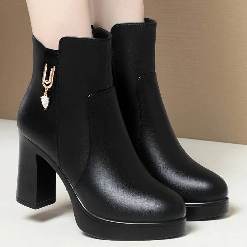 Ddbos Autumn Winter Women  Platform Shoes Warm Fleece Waterproof Short Leather Boots Luxury Black Super High Heel Ankle Boots