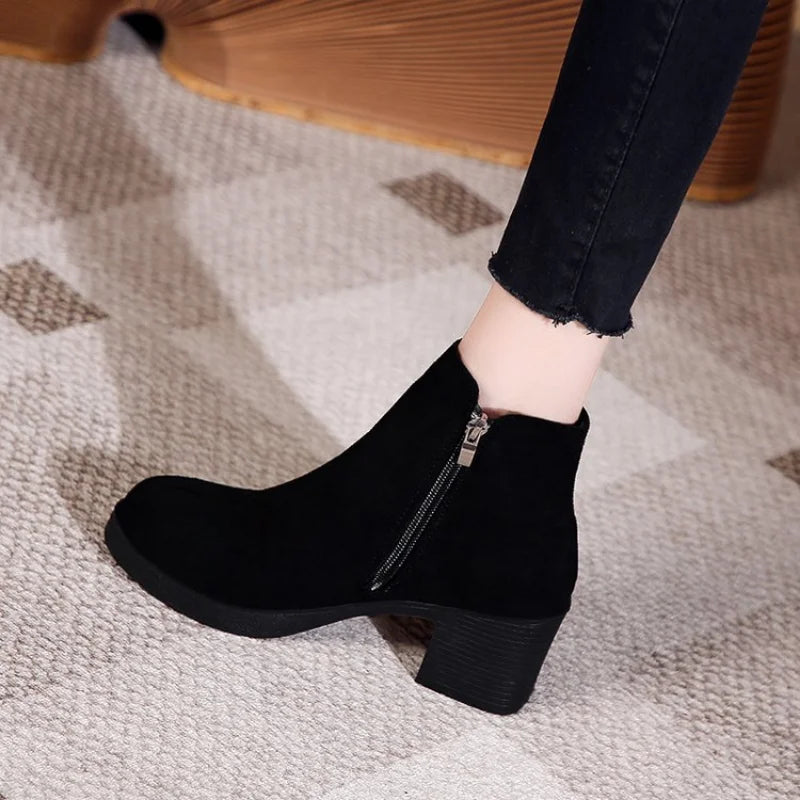 Ddbos Women's Autumn and Winter New Fashion Solid Temperament Ankle Boots Round Head Square Heel Slip on Solid Casual Boots Size