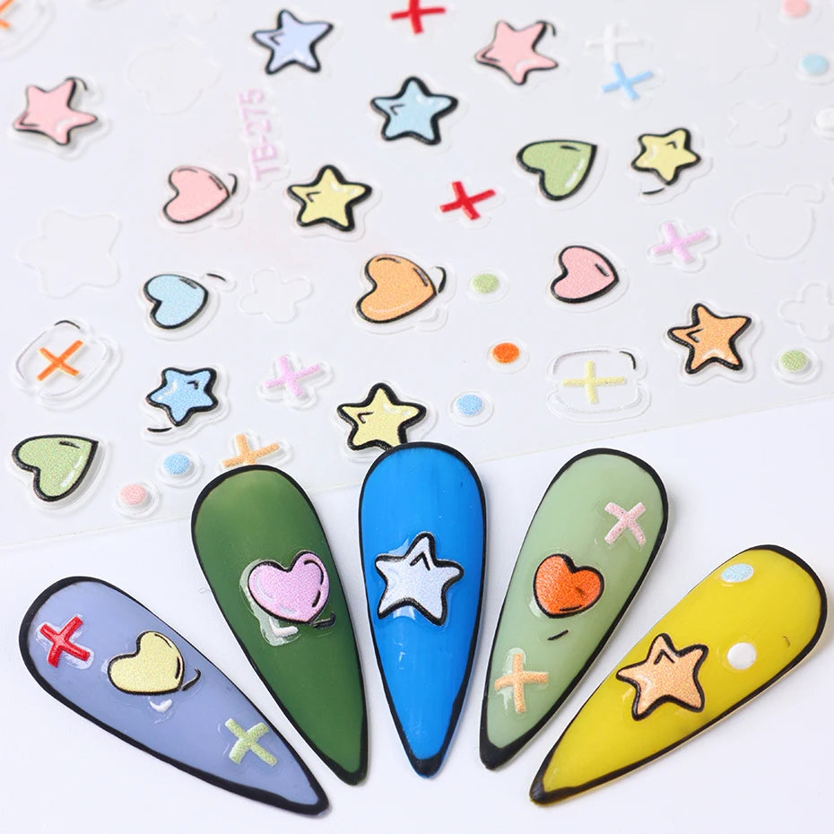 Ddbos Heart Nail Sticker 3D Comic Cartoon Colorful Heart Star Sliders Cute Nail Design Korean Style Translucent Gel Polish Wraps Decal