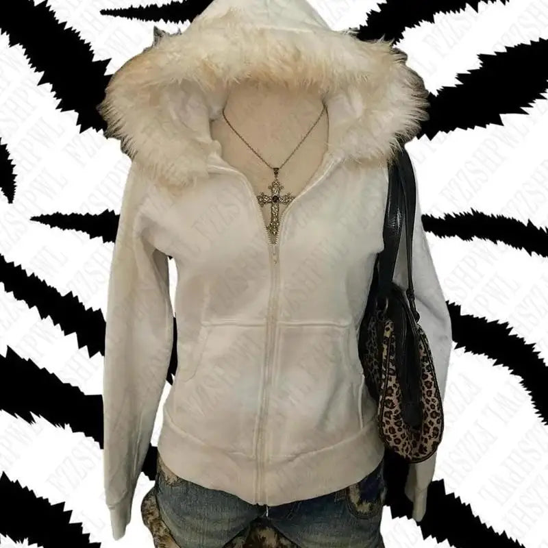 Ddbos Y2k Women Aesthetic Harajuku Faux Fur Collar Hoodies Clothes Graphic Hip Hop Punk Gothic Zip Up Hoodies Streetwear Jackets EGirl