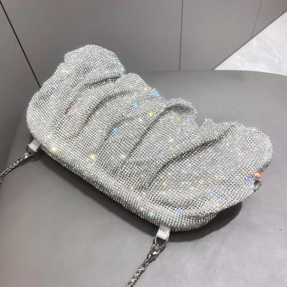 Ddbos Shiny Handle Rhinestones Handmade Evening Clutch Bags New Folds Purses And Handbags Luxury Designer Wedding Party High Quality