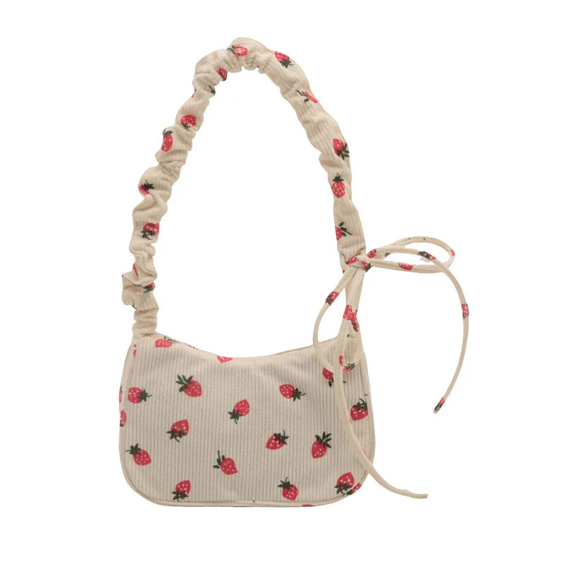 Ddbos Women Small Underarm Bag Corduroy Handbag Cute Strawberry Print Little Tote Half Moon Design Eco Cloth Purse Mini Shoulder Bags