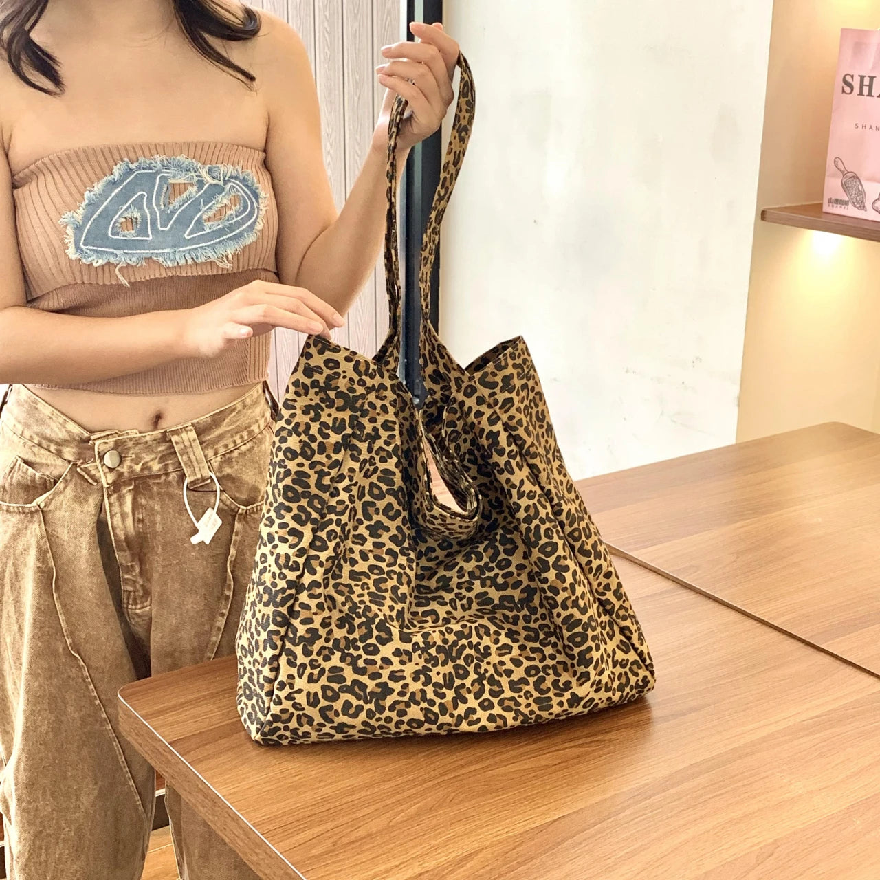 Ddbos Large Capacity Leopard Canvas Bag, Fashion Trend Practical, Multi-functional Niche Shoulder Bag