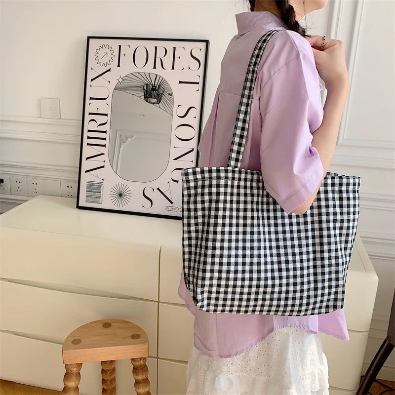 Ddbos BACK TO SCHOOL Ladies New Style Canvas Fabric Plaid Shoulder Bag Fashion Simple Handbag Large Casual Capacity shopping Tote Bags