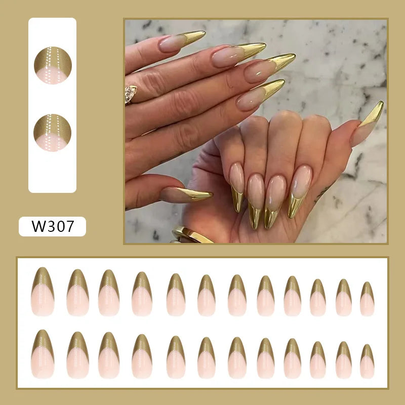 Gold French Press On Nails 24pcs Long Pointed Head Gradient Aurora Fake Nails Wearable Full Cover European Artificial Nail Tips