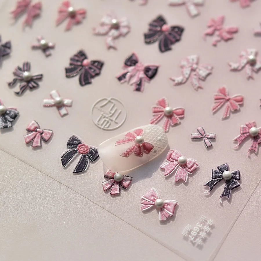 Ddbos Sweet Pink Black Bowknot Nail Stickers High Quality Pearl Bead Design Adhesive Stickers Nail Art Decoration