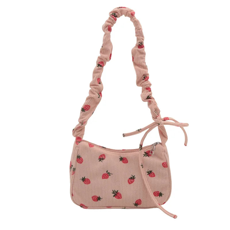 Ddbos Women Small Underarm Bag Corduroy Handbag Cute Strawberry Print Little Tote Half Moon Design Eco Cloth Purse Mini Shoulder Bags