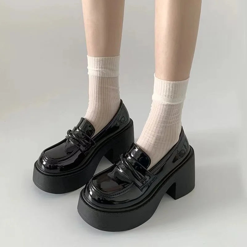 Fashion New Round Toe Square Loaf Heel Heightening Shallow Mouth Women's Shoes 2024 Autumn Sexy Elegant Glossy Pu Pumps DDBOS