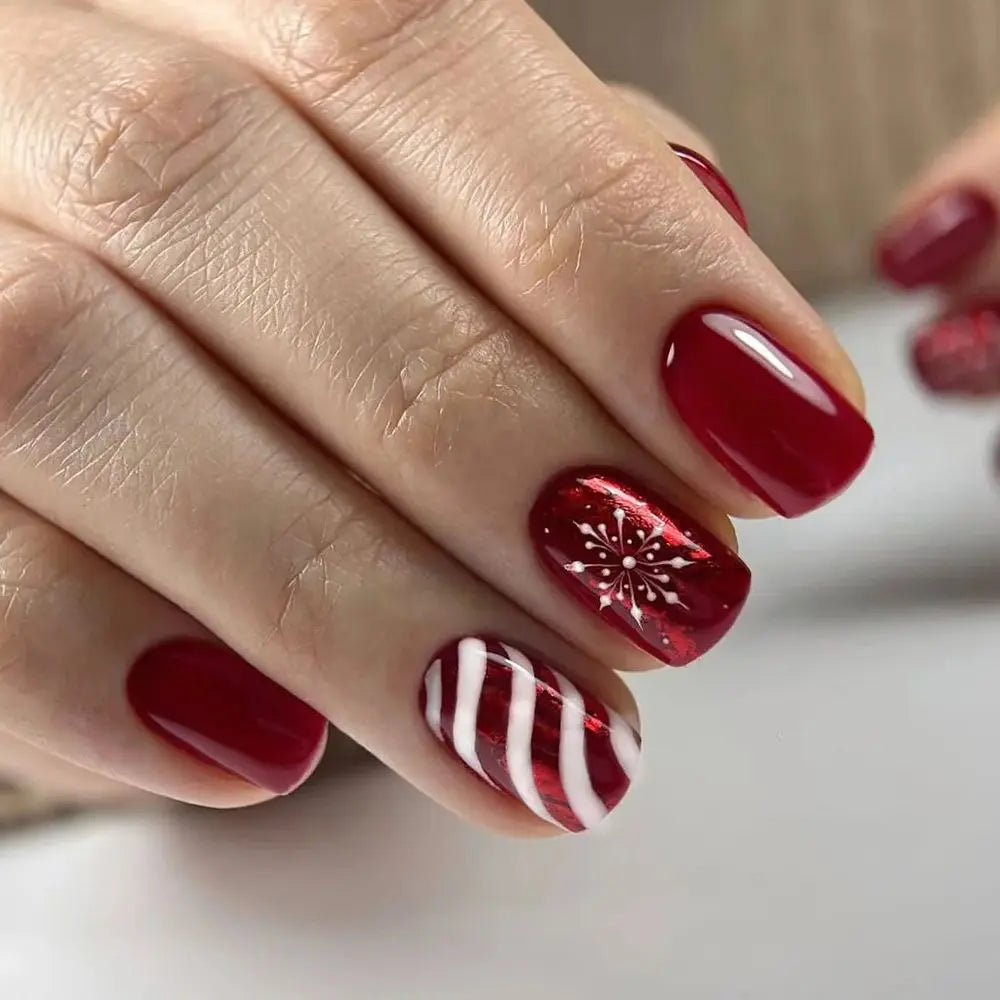 Ddbos Red White Candy Stripe Snowflake Short Square Fake Nails Christmas Detachable Finished False Nails Press on Nails with Glue