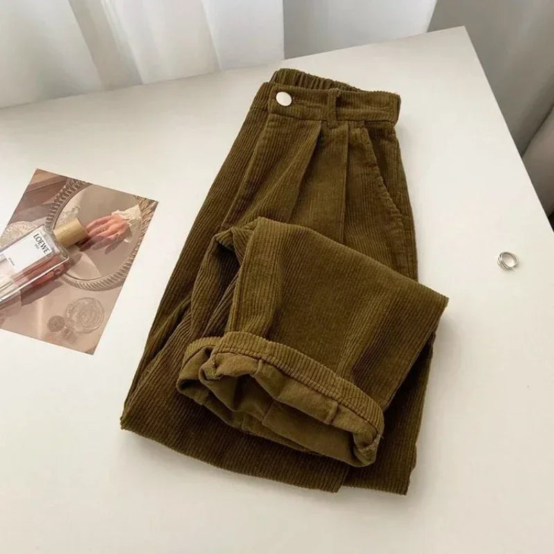 Ddbos Retro High Waist Corduroy Pants Women Spring Fall Straight Causal Full Length Trousers Korean Fashion Baggy Outwear Pant