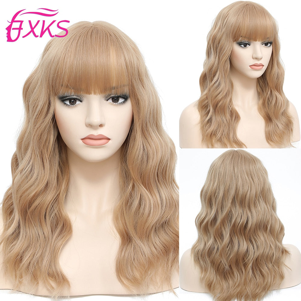 Ddbos Blonde Gold Short Wavy Synthetic Wigs With Bangs Brown Grey Silver Black Color Body Wave Hair Wigs 14Inch 200G For Women FXKS