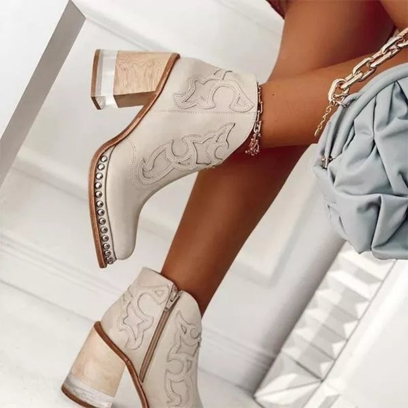 Ddbos Leather Women Ankle Boots Women's Shoes Low Heel Cool British Embroidered Design Soft Short Boots Party Women Footwear