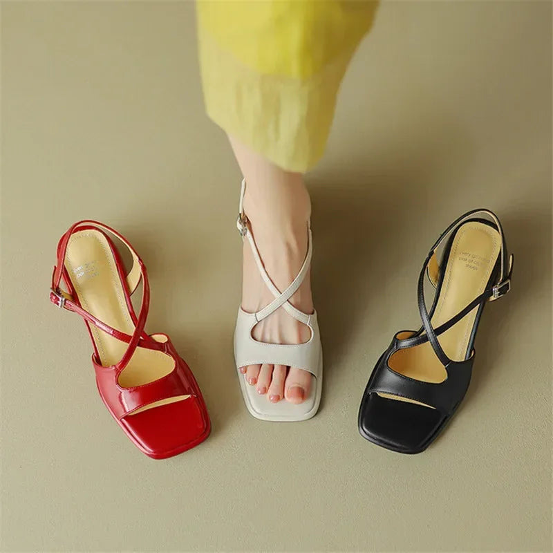 New Summer Sandals Fashion Versatile Light Luxury Sandals Square Toe Chunky Heels Sandals for Women Handmade Women Sandals