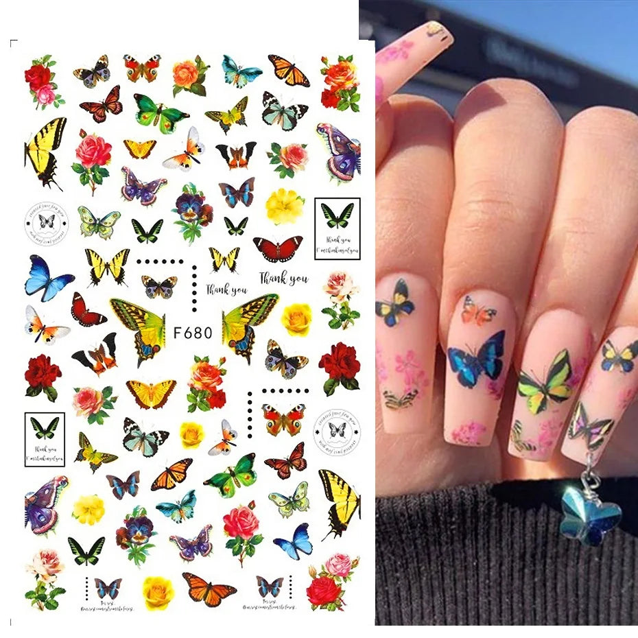 Ddbos 1PCS Black White Butterfly Laser Nail Stickers Y2K Nail Art Decoration Abstract Lines Bronzing Flowers Stickers For Nails