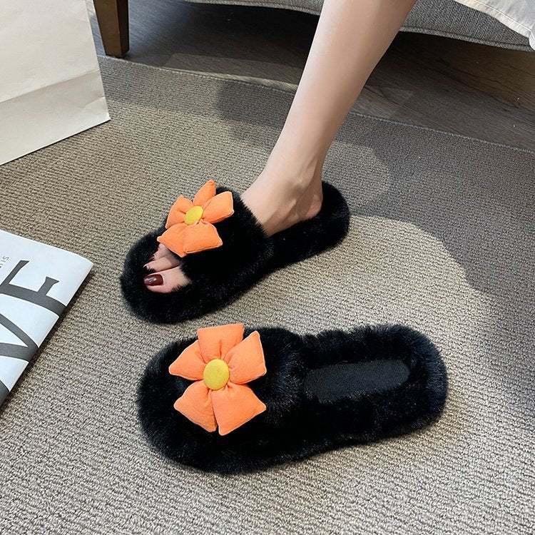 Ddbos Flower Plush Slippers Women Wear Autumn and Winter New Home Plus Size One Word Slippers Cute Cotton Shoes Zapatillas Planas