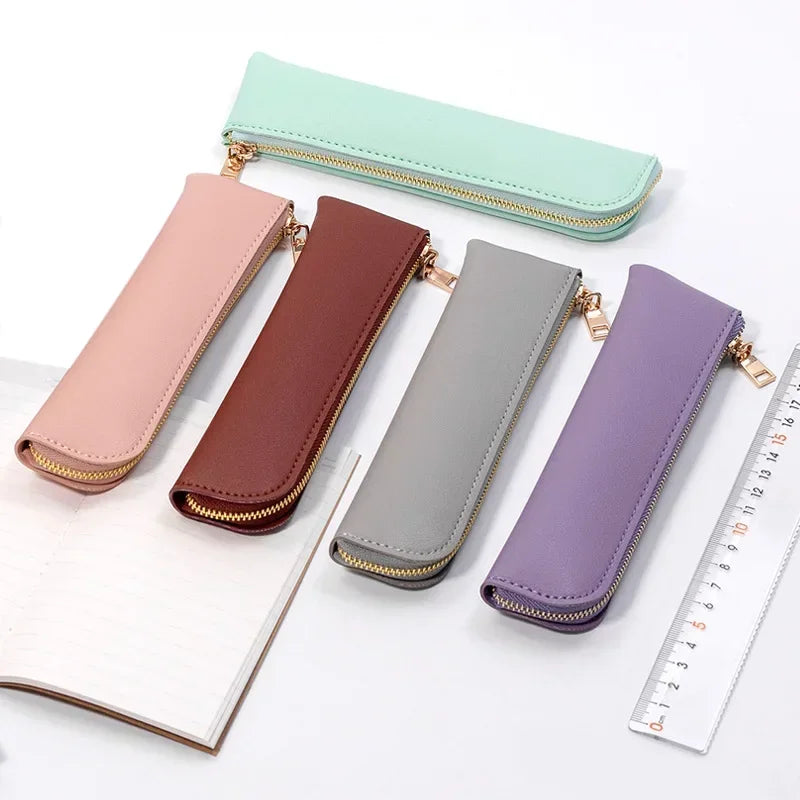 BACK TO SCHOOL 1PC PU Leather Small Pen Bag Mini Pen Sleeve Zipper Pencil Pouch Stationery Fountain Pen Holder Case Student School Supplies