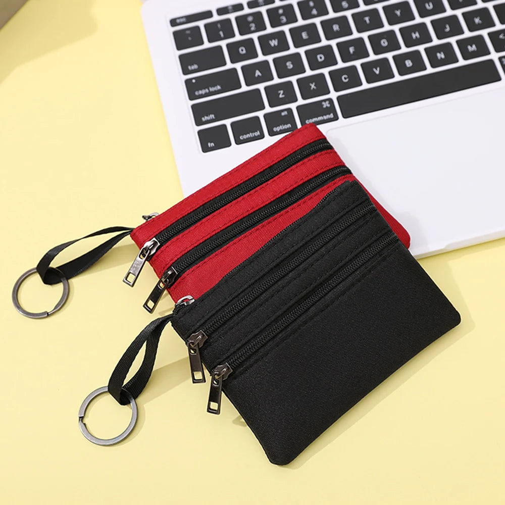 Ddbos 3 Zippers Canvas Coin Purse Women's Mini Wallet Solid Change Purses With Keychain Money Bags Coin Key Storage Bag Card Holder