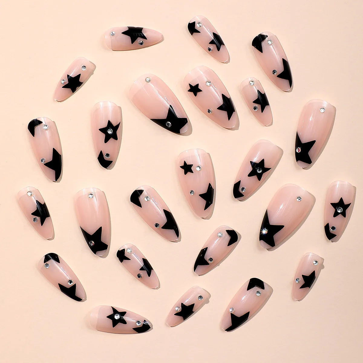 Ins y2k Fake Nails Almond Head Black Pentacle Star False Nail Patch Girl Women Wearable Full Cover Artificial Nail Patch 24pcs