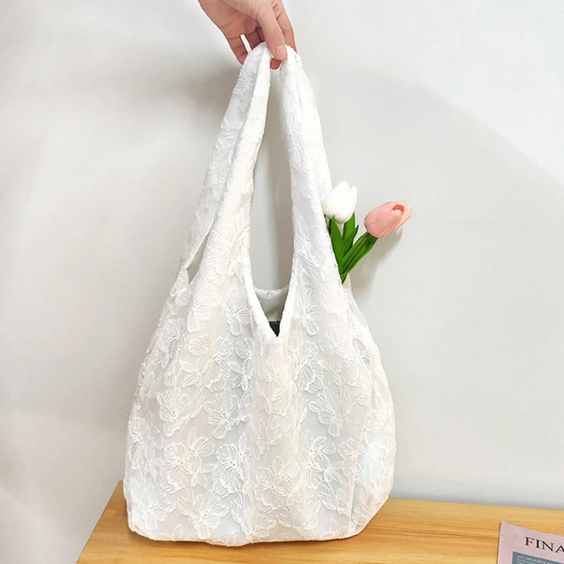 Lace Flowers Women Shoulder Bag Thin Polyester Ladies Shopping Handbags Solid Color Girs Book Bags Casual Female Travel Tote