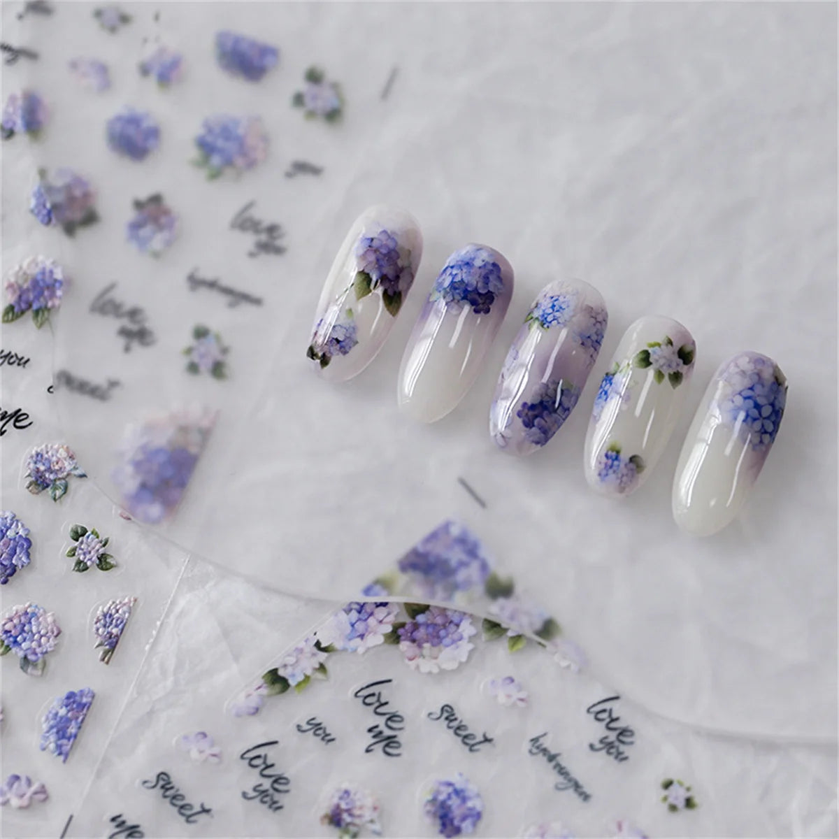 Ddbos 1pcs 5D Embossed Kawaii Flower Nail Art Stickers Beatuy Purple Hydrangea Self-adhesive Transfer Nail Decoration Slider Decal DIY