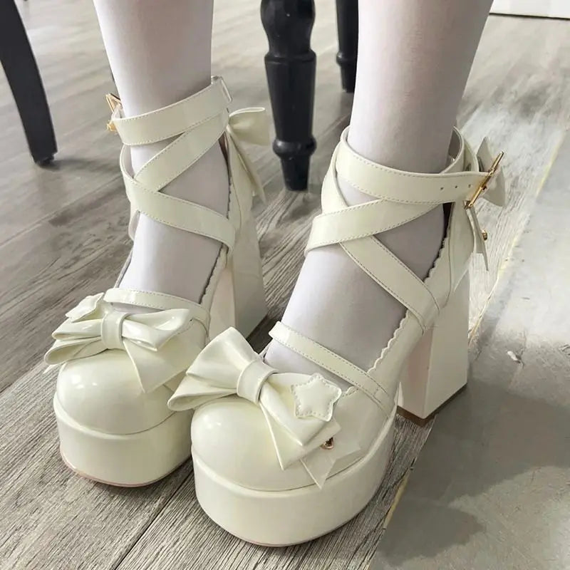 Ddbos Lolita Shoes Women Mary Janes High Heels Shoes Chunky Sandals Summer Fashion Retro Bow Party Platform Pumps