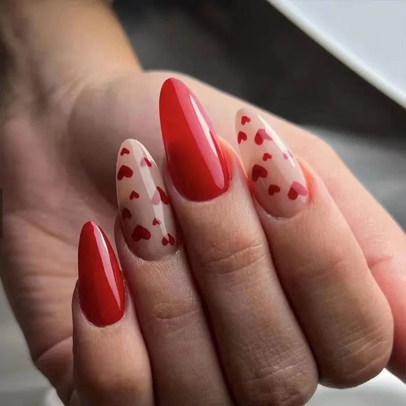 24Pcs Almond False Nails With Tools Cute Heart Strawberry Chili Design French Checkerboard ABS Press On Nails Fake Tips Wearable