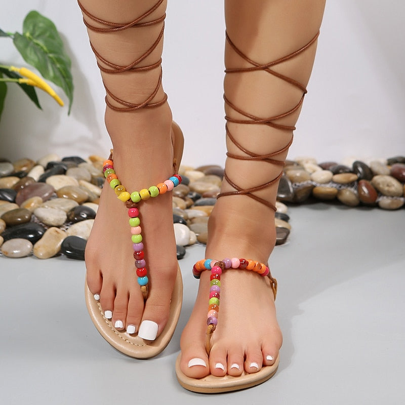 Bohemian Style Flat Sandals Women Summer Beading Clip Toe Beach Shoes Woman Plus Size 43 Soft Sole Gladiator Sandalias