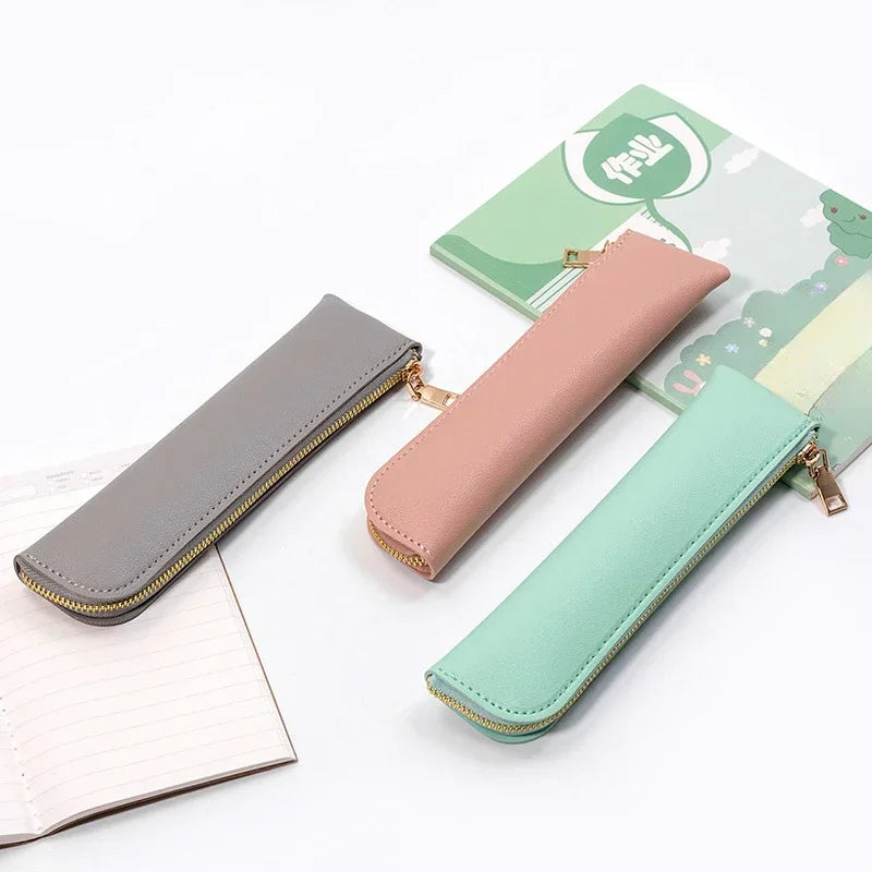 Ddbos BACK TO SCHOOL 1PC PU Leather Small Pen Bag Mini Pen Sleeve Zipper Pencil Pouch Stationery Fountain Pen Holder Case Student School Supplies