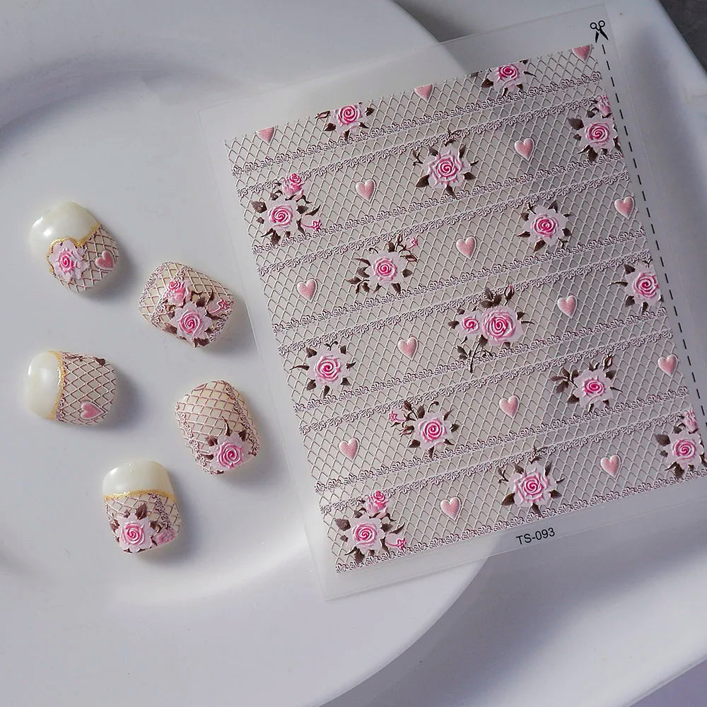 Ddbos 5D Nail Stickers Flowers Geometric Lines Decor Acrylic Embossed Sliders Gold Frame Nail Decals Cherry Blossom Manicure