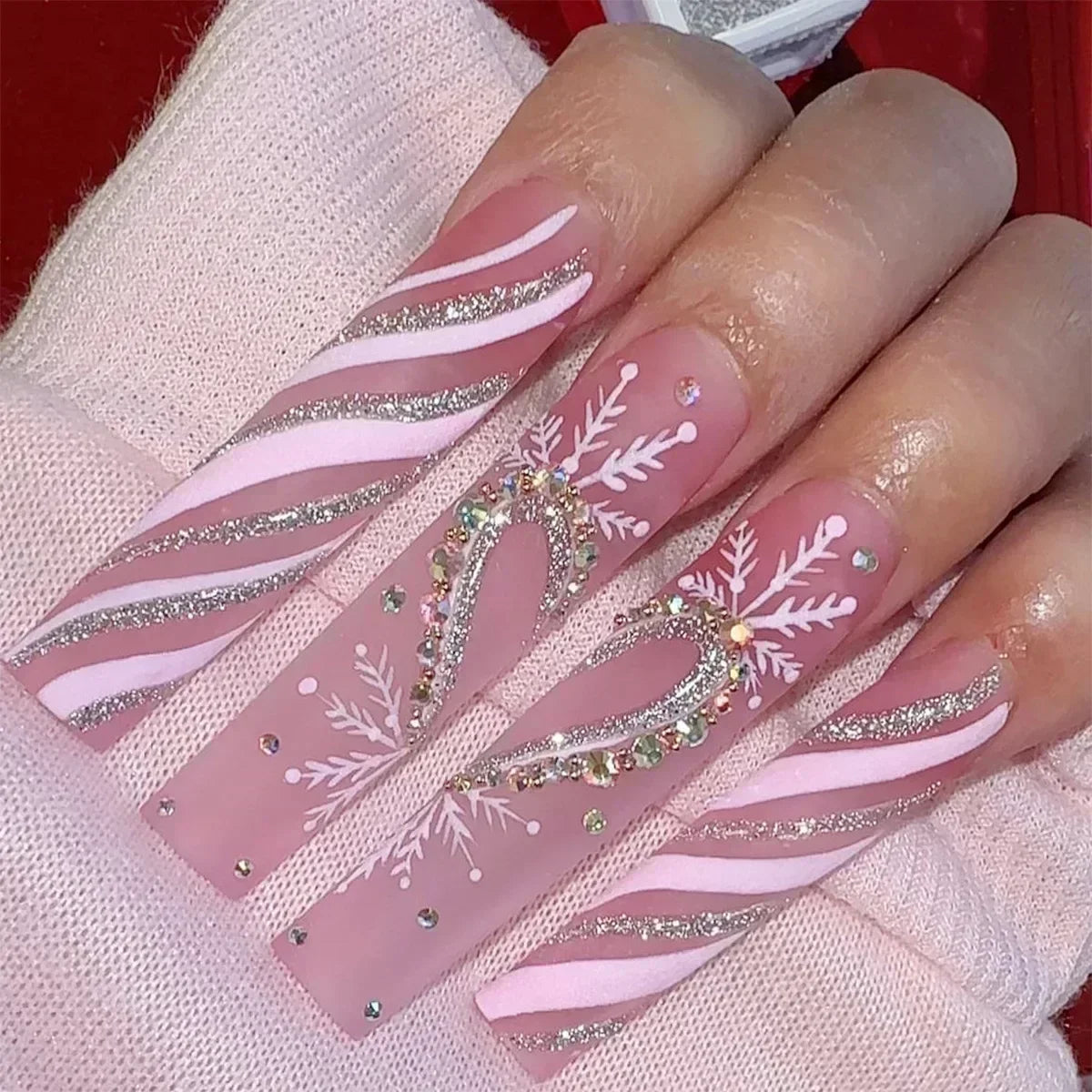 24Pcs Wearable False Nails with glue Long Ballerina Pink Press On Nails French Full Cover Coffin Fake Nails tip with rhinestones