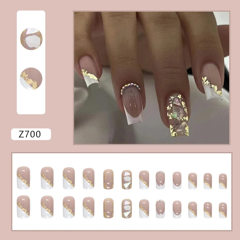 24Pcs Square Head False Nails with Gold Foil Design Flower Diamond Wearable French Fake Nail Glitter Full Cover Press on Nail