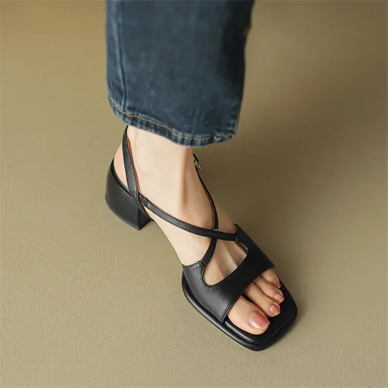 Ddbos New Summer Sandals Fashion Versatile Light Luxury Sandals Square Toe Chunky Heels Sandals for Women Handmade Women Sandals