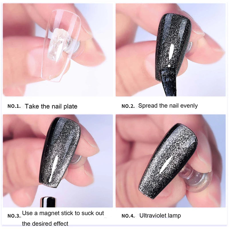 Ddbos Black Crystal Cat Eye Magnetic Gel Semi Permanent Nail Polish Sparkling Glitter Nail Soak Off LED UV Gel Varnishes