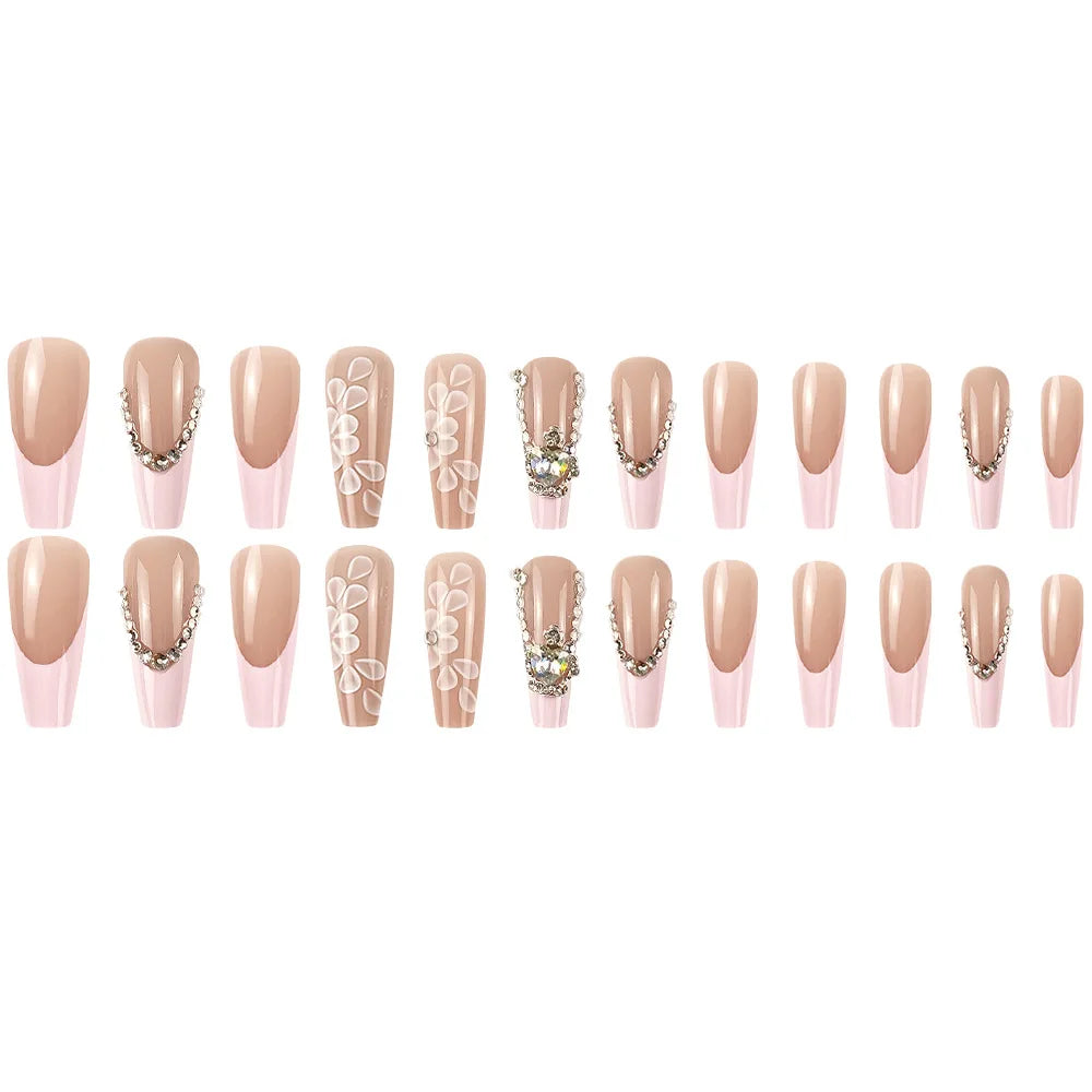 Ddbos 24 Pcs Glossy Long Ballerina Press On Nails Pink French Style Fake Nails With Rhinestone Shiny Artificial Reusable False Nails