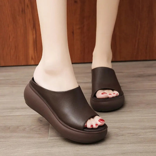 Women Sandals 7.5cm Platform Wedges Women's Shoes Thick Heel Open Peep Toe Sandals Leather Summer Style Slide Black Shoes