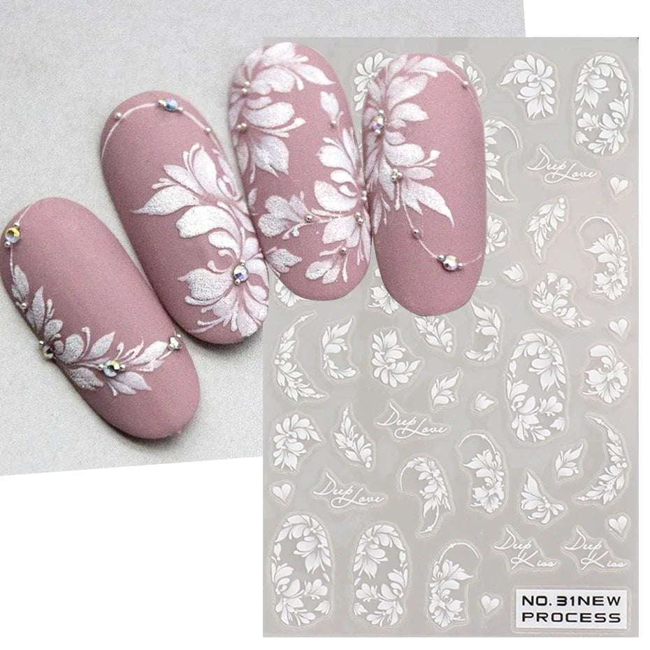 Ddbos White Lace Flower Nail Art Sticker Acrylic Floral Charm Adhesive Sliders Elegant Wedding Bride Simple Line Design Manicure Decal